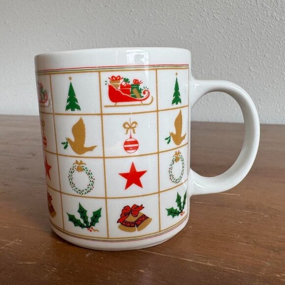 Vintage Christmas Coffee Mug, Holiday Grid Design - Picture 1 of 7